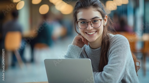 A young woman with glasses smiles while using a laptop in a modern indoor setting.