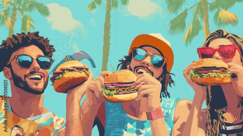 Three friends enjoying burgers on a sunny day at the beach