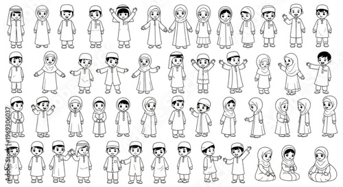 Collection of cartoon illustrations of children in traditional attire.