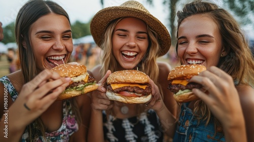 Three young women enjoying burgers and laughing together outdoors