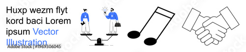Business ethics, teamwork, creativity, life balance, justice, music. A handshake, weighing scale musical notes and placeholder text. Business ethics and teamwork illustrated visually
