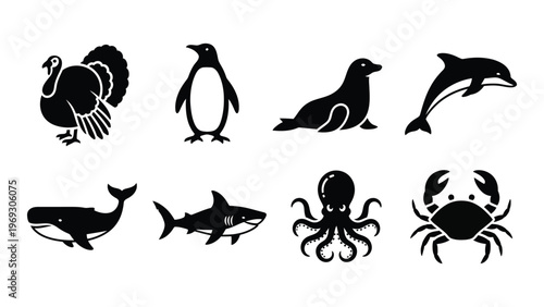 A collection of various marine and avian animals depicted in a stark black silhouette high quality professional detailed modern elegant stylish