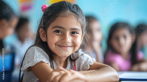A young girl smiling in a classroom with her classmates in the background