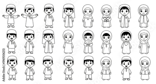 Collection of cartoon illustrations of Muslim children in various poses.