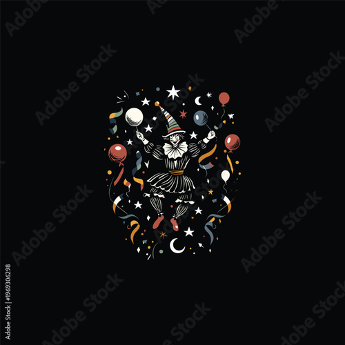 Vintage hand drawn illustration of a joyful clown celebrating with balloons, stars, and colorful confetti on a dark background.