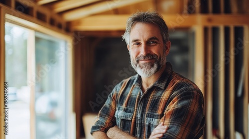 A smiling middle-aged man with a beard standing in a construction site