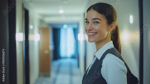 A smiling young businesswoman standing in a modern office hallway