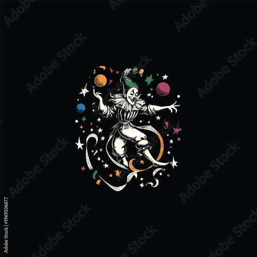 Vintage hand drawn illustration of a joyful clown celebrating with balloons, stars, and colorful confetti on a dark background.