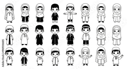 Collection of Cartoon Muslim Characters in Various Outfits.