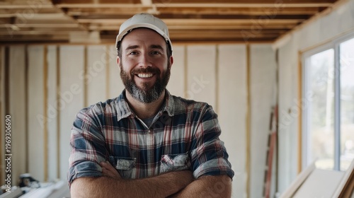 A smiling construction worker standing in a room under renovation
