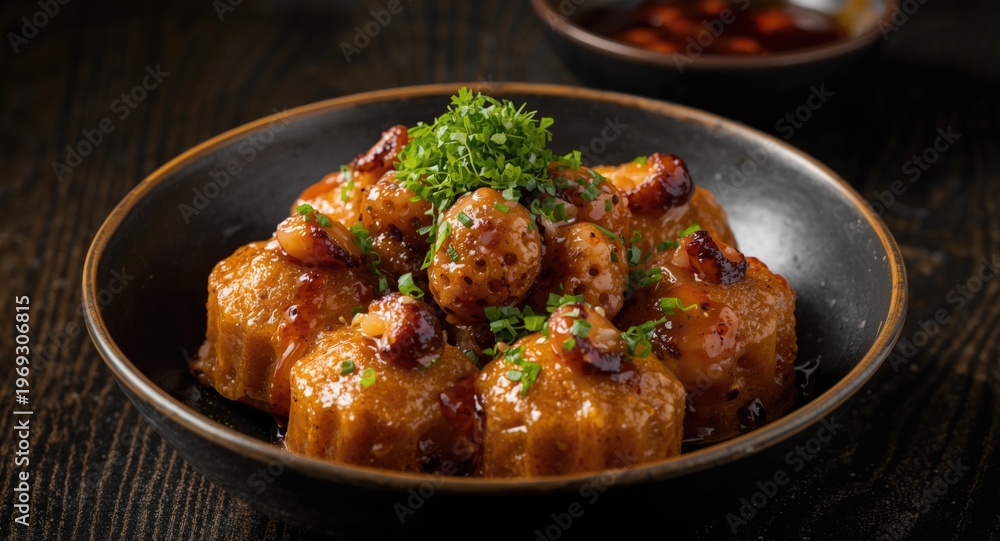 Fototapeta premium Traditional octopus takoyaki served with green garnish