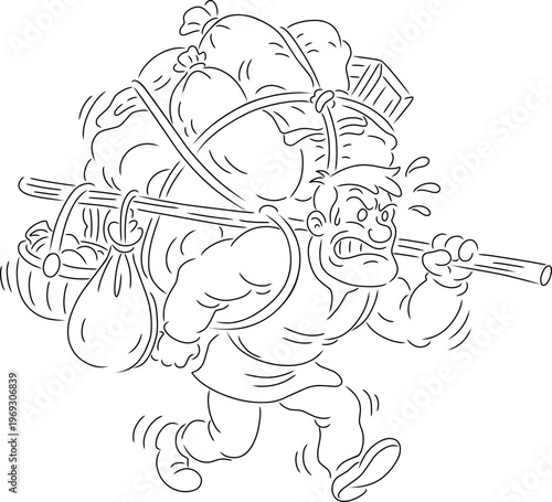 A resilient man carrying a massive weight on his shoulders,Symbolizing determination, endurance, mental strength, and overcoming life challenges. Fully editable line art sketch