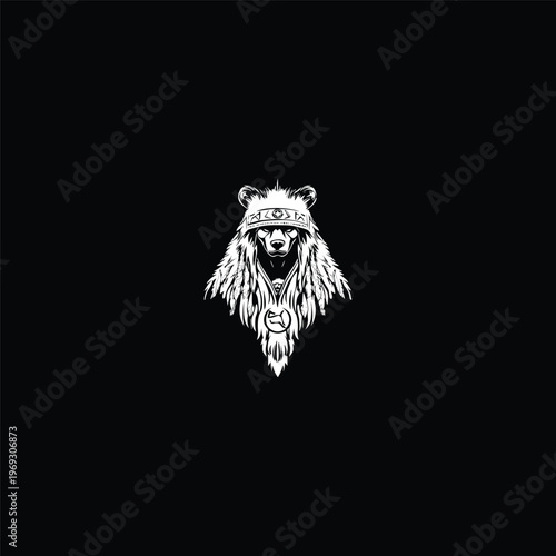 Wild bear warrior head illustration with tribal headband and feathers in black and white style.