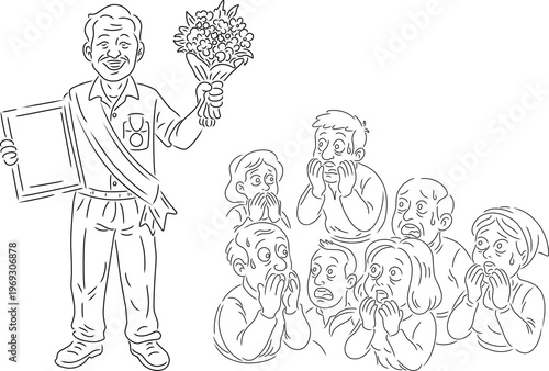 a man celebrating a sudden achievement or award, surrounded by a group of people looking shocked and surprised.conceptualizes social envy,Fully editable strokes for easy customization.