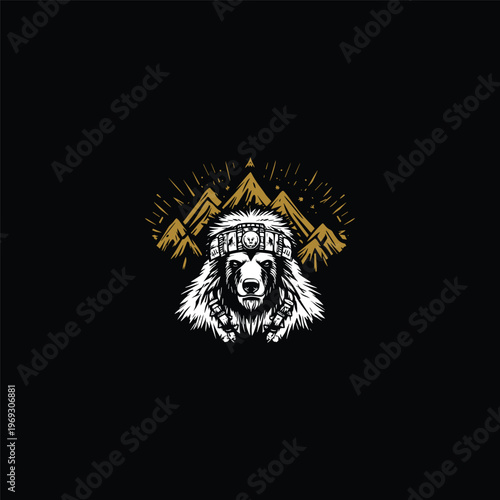 illustration of a grizzly bear head wearing a traditional Native American inspired headband, set against a backdrop of golden mountains and a radiant starburst pattern.