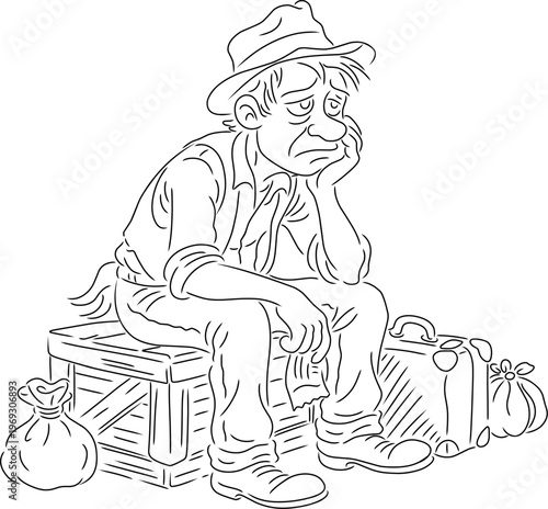 Sad unemployed man sitting on a wooden crate with luggage.The clean line art style is fully editable,for editorial, social,educational projects social issues, unemployment,economic hardship.