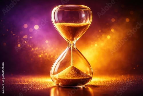 Golden sand hourglass on vibrant purple and yellow backdrop symbolizing time management and urgency