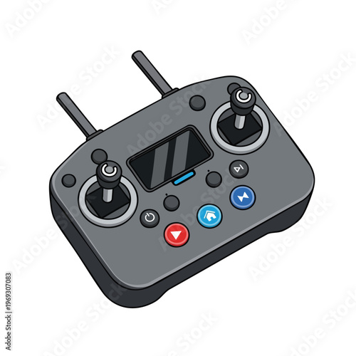 Gray drone remote controller with dual joysticks and touchscreen