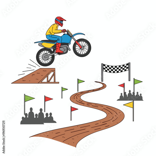 A person on a dirt bike jumps off a ramp on a race track with spectators