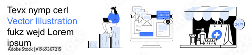 Business growth, digital communication, e-commerce, marketing strategies, customer support, modern technology. Graphic of a person with data, emails and an online storefront. Business growth