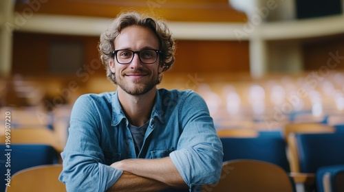 A smiling man with glasses sitting in a large empty auditorium