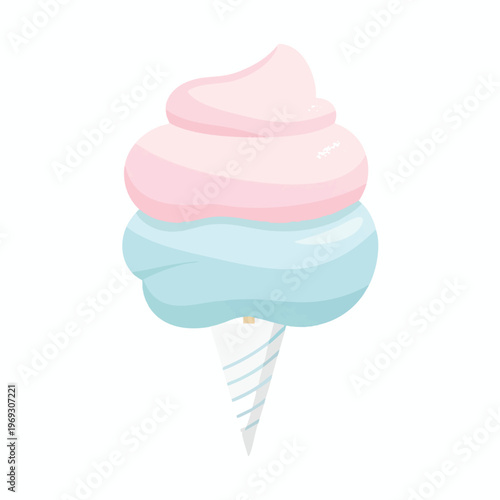 Pink and blue fluffy spun sugar treat on a striped cone