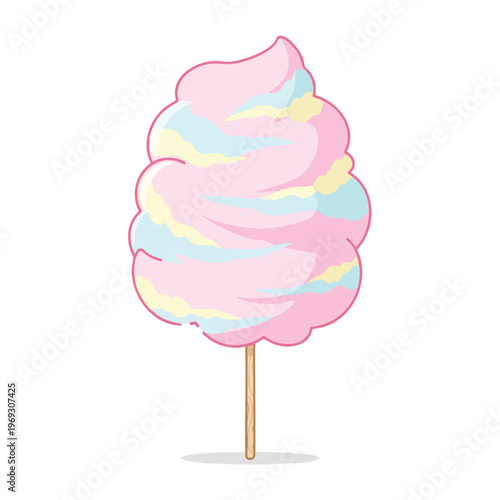 A fluffy, swirled confectionery delight in pastel pink, blue, and yellow on a stick