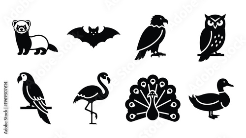 A collection of various animal icons in black including a ferret bat owl flamingo and peacock silhouette high quality professional detailed