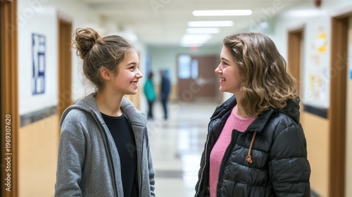 A young girl and a woman talking in a school hallway