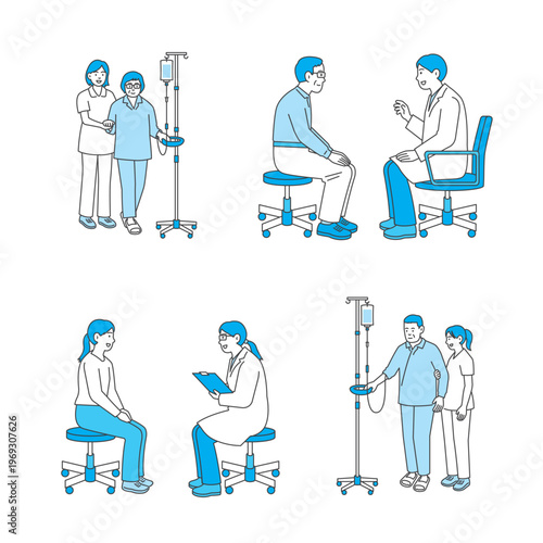 Medical and nursing illustration set: hospital care, medical exam, and vaccination