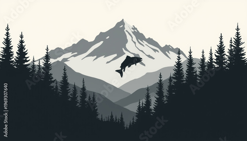 Mountain landscape, snowy peak, forest silhouette, wildlife vector, animal jumping