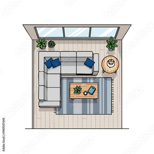 Top-down view of a modern living room with sectional sofa, coffee table, and large window