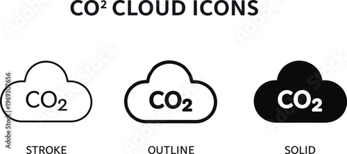Carbon Footprint Vector Icons: Set of Three Cloud and Leaf CO2 Illustrations for Sustainability, Ecology, and Environmental Concepts.
