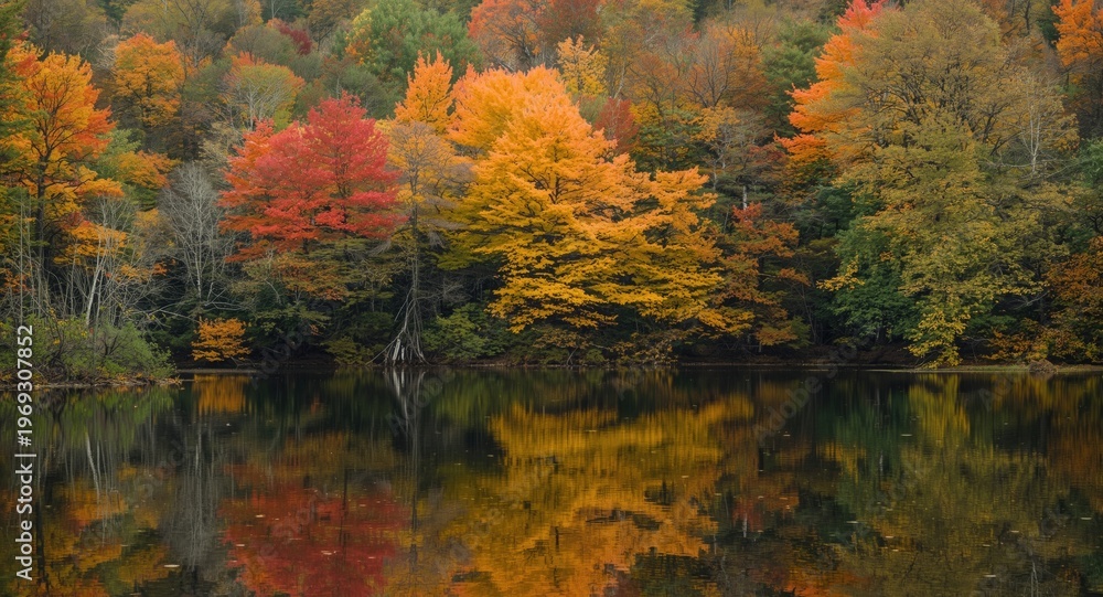 Fototapeta premium Tranquil scene of colorful autumn foliage reflected in still river