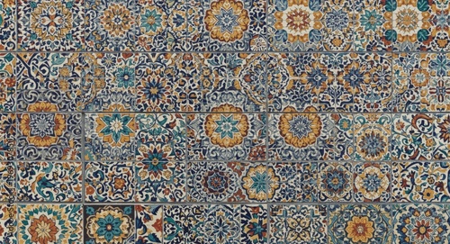 Textured wall backdrop featuring vibrant ceramic tiles with geometric designs