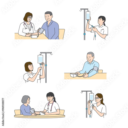 Medical and nursing illustration set: hospital care, medical exam, and vaccination