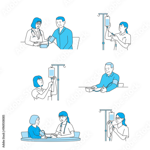 Medical and nursing illustration set: hospital care, medical exam, and vaccination