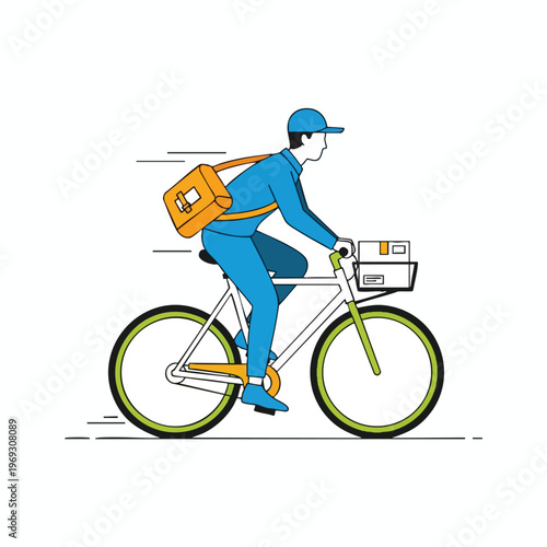 A person in blue rides a bicycle with packages and a bag