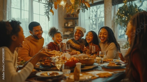 A diverse family enjoying a meal together in a warm and cozy dining room