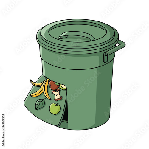 Green composting bin with open door, spilling out fruit peels, apple cores and apple