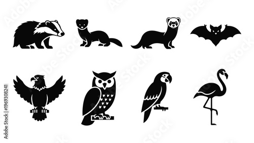 A collection of black animal silhouettes including a badger birds a bat and a flamingo silhouette high quality professional detailed modern