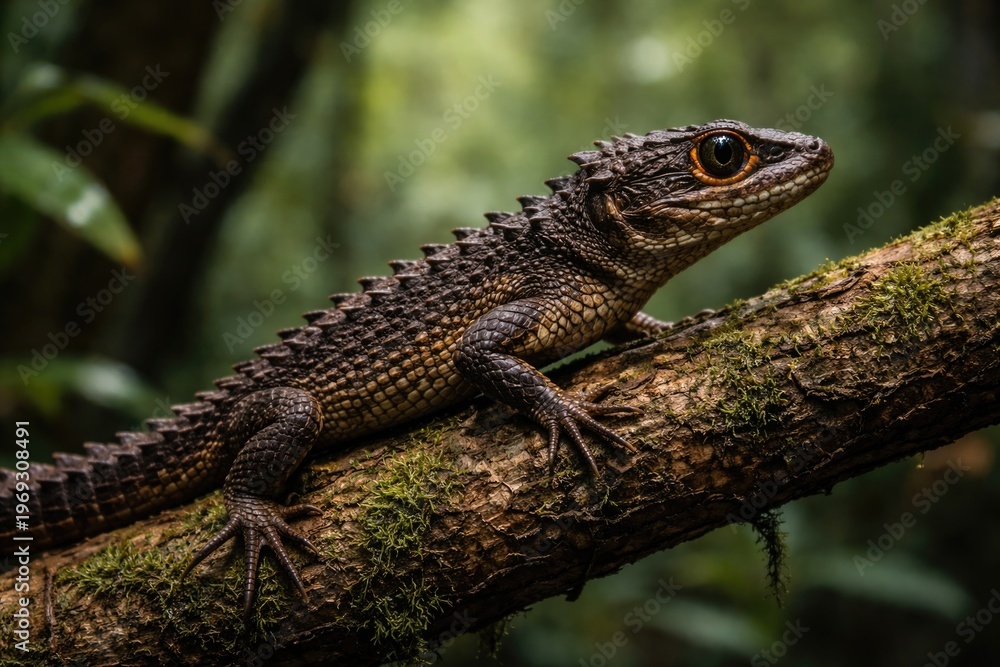 Fototapeta premium Detailed side view of a crocodile skink perched on a tree branch