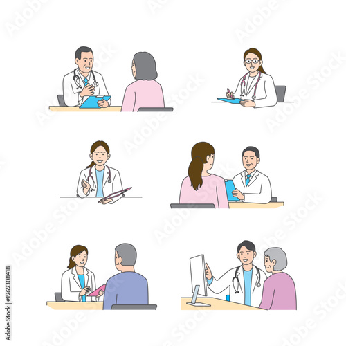 Medical and nursing illustration set: hospital care, medical exam, and vaccination