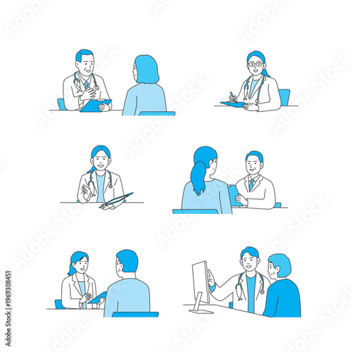 Medical and nursing illustration set: hospital care, medical exam, and vaccination