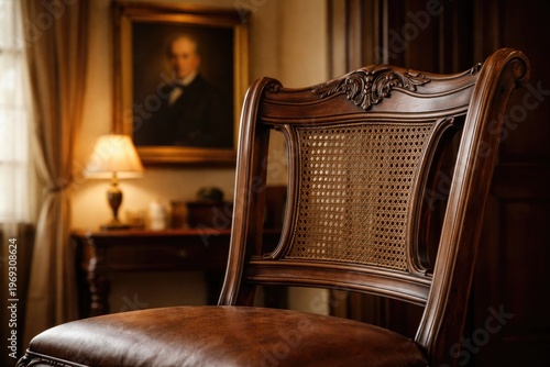 Detailed close-up of a wooden chair in an indoor setting with a framed portrait hanging on the wall