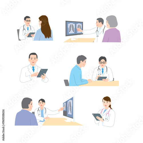 Medical and nursing illustration set: hospital care, medical exam, and vaccination