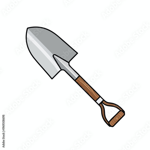 A hand trowel with a metal blade and a D-shaped wooden handle