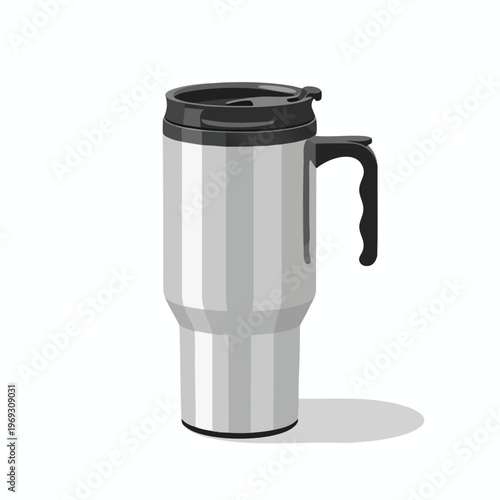 Metallic cylindrical travel mug with black lid and handle