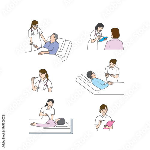 Medical and nursing illustration set: hospital care, medical exam, and vaccination