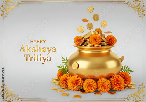 Golden Kalash overflowing with coins and marigold flowers for Akshaya Tritiya festival